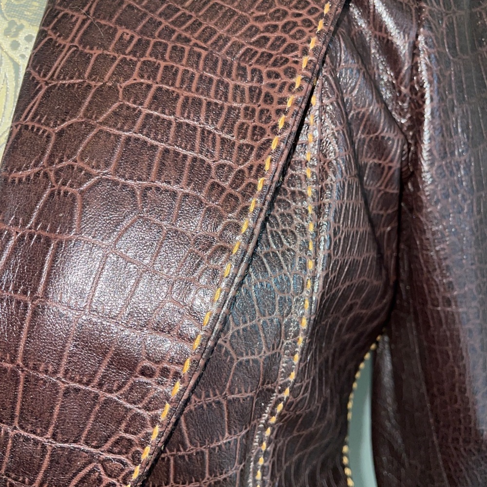 Cache Crocodile Embossed Brown Leather Blazer 2 - image 5